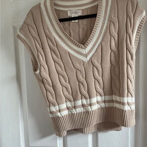 Jessica Simpson Beige Cable Knit V-Neck Sweater Vest with Cream Stripes